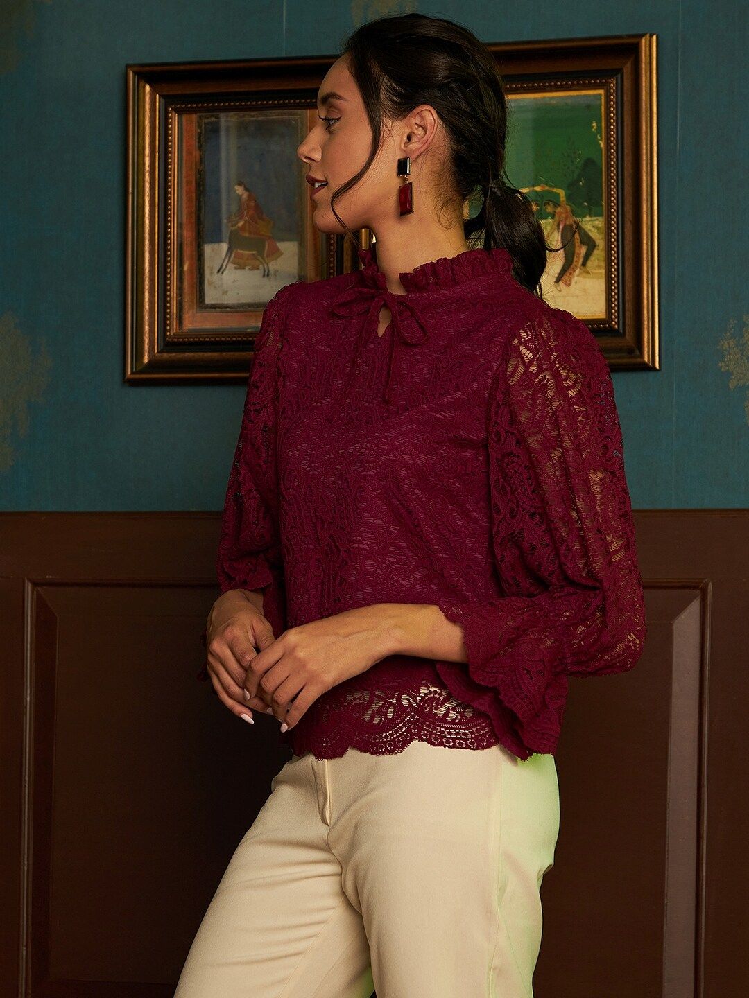 Athena Burgundy Tie-Up Neck Lace Top