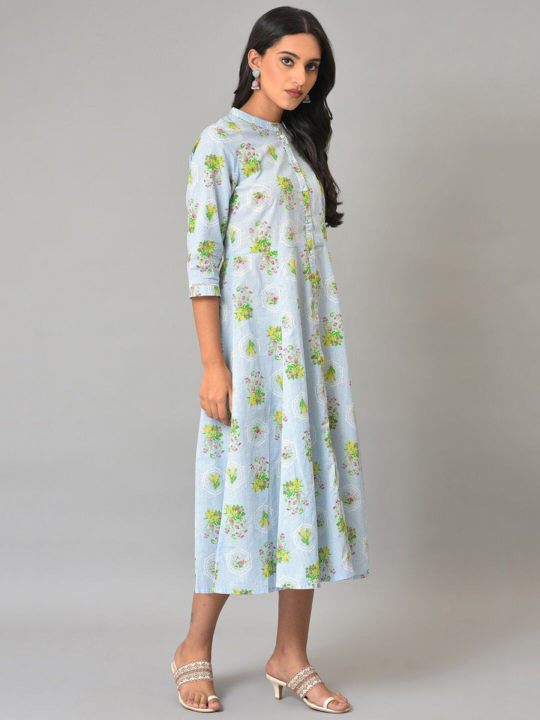 W Floral Printed Mandarin Collar A-Line Pure Cotton Midi Dress