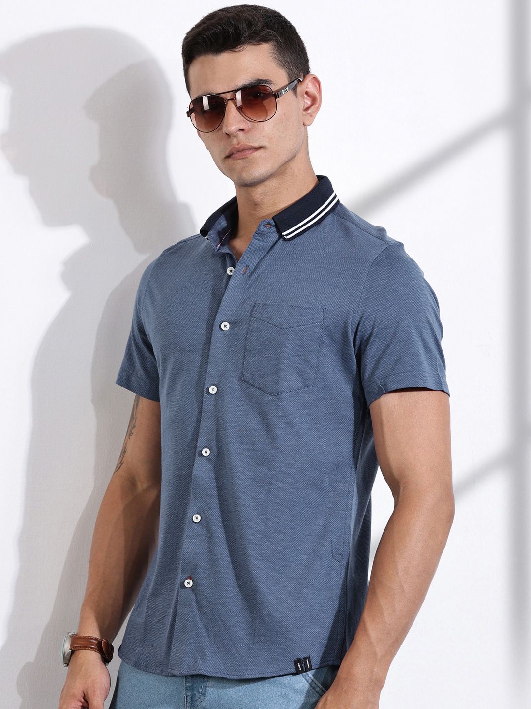 Thomas Scott Men Classic Slim Fit Spread Collar Solid Cotton Knitted Shirt