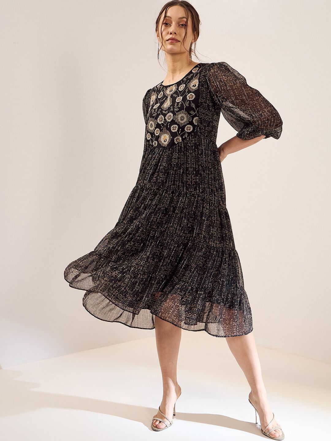 Antheaa Black Floral Printed Embroidered Puff Sleeves Chiffon Fit & Flare Midi Dress