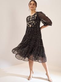 Antheaa Black Floral Printed Embroidered Puff Sleeves Chiffon Fit & Flare Midi Dress