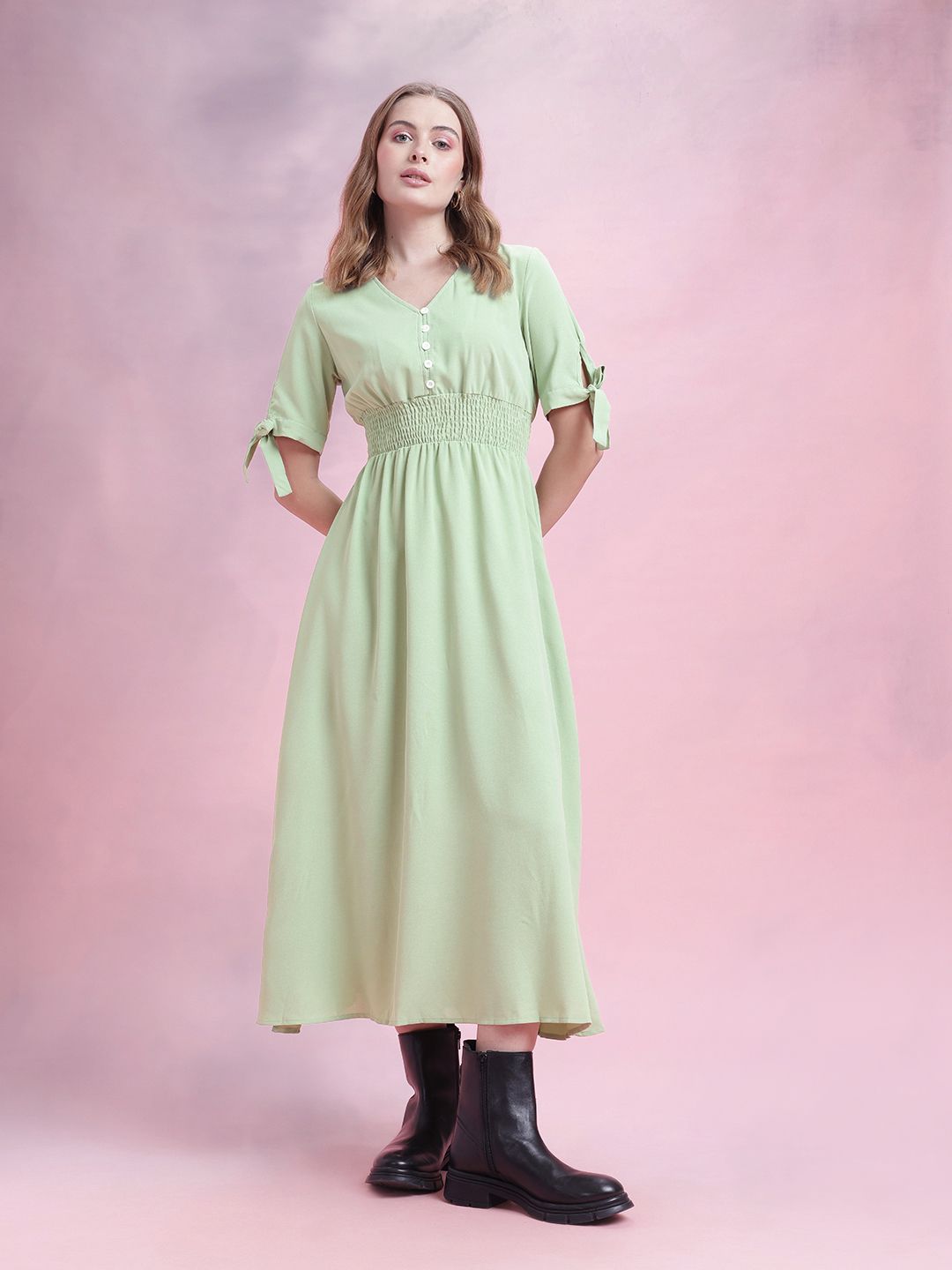 DressBerry Smocked Effect Fit & Flare Maxi Dress with Tie-ups