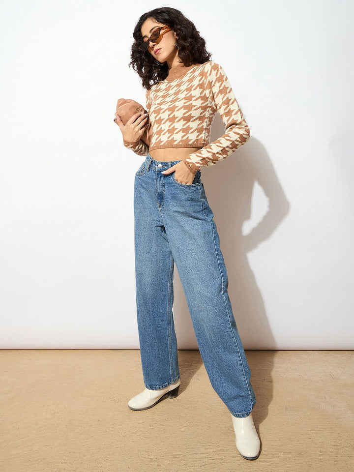 SASSAFRAS Women Brown & White Houndstooth Design Pullover