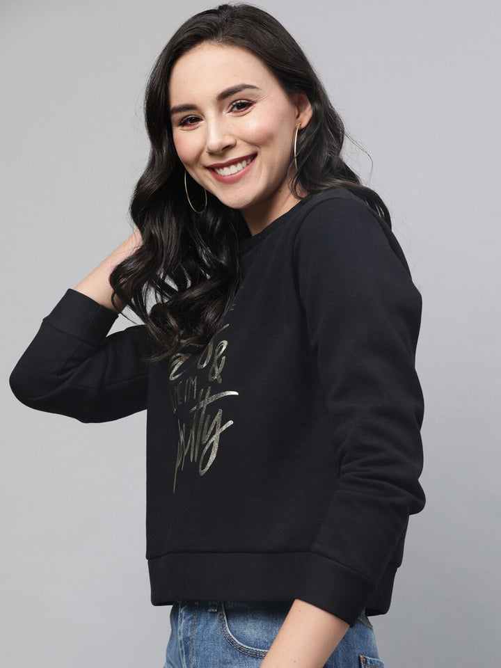 STREET 9 Women Black & Gold-Toned Printed Sweatshirt