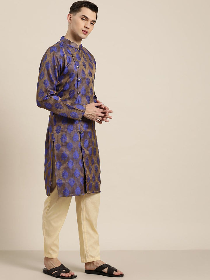 SOJANYA Lelaki Biru & Coklat Motif Etnik Jacquard Kurta