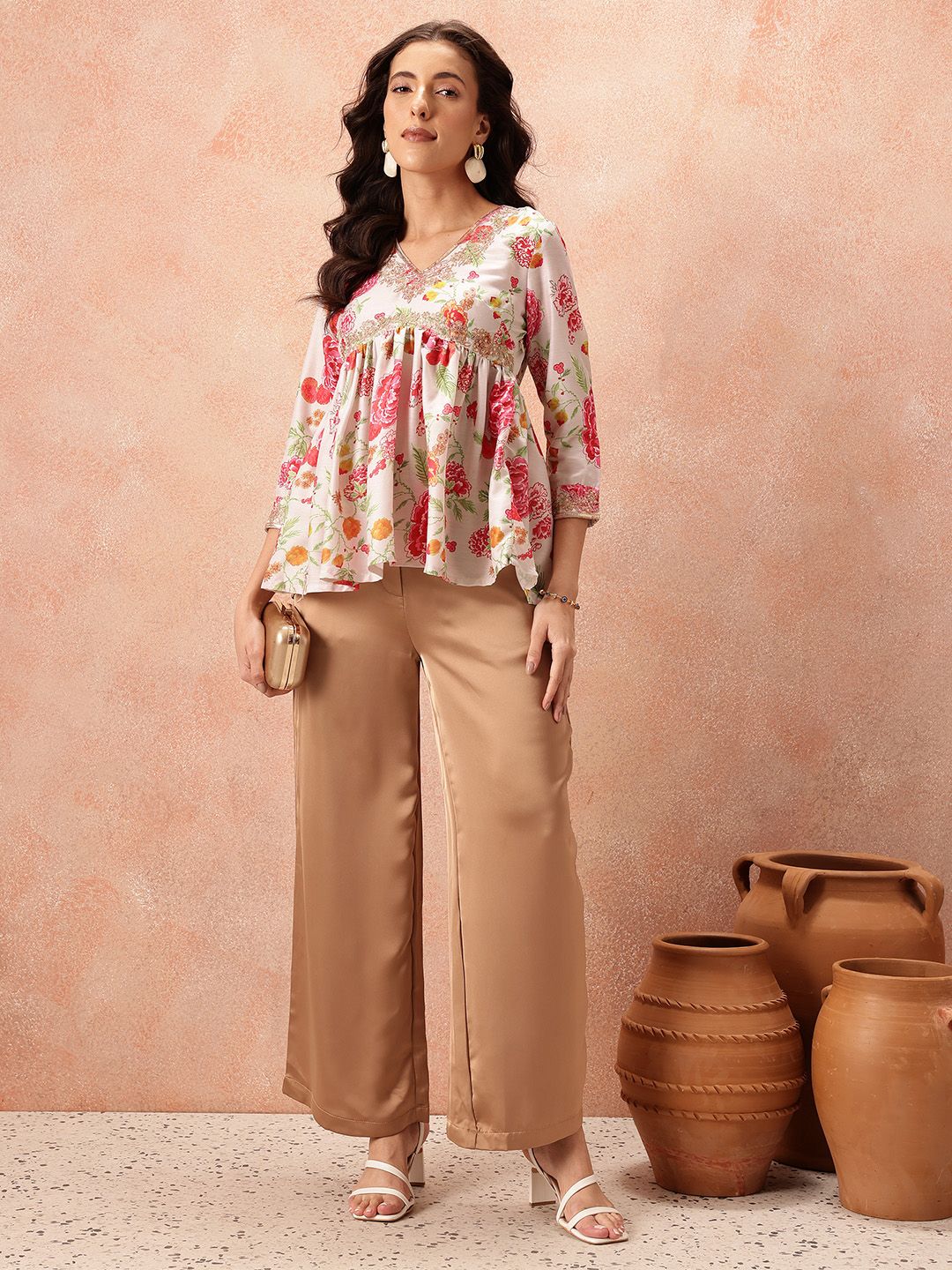all about you Floral Print V-Neck Sequined Empire Kurti