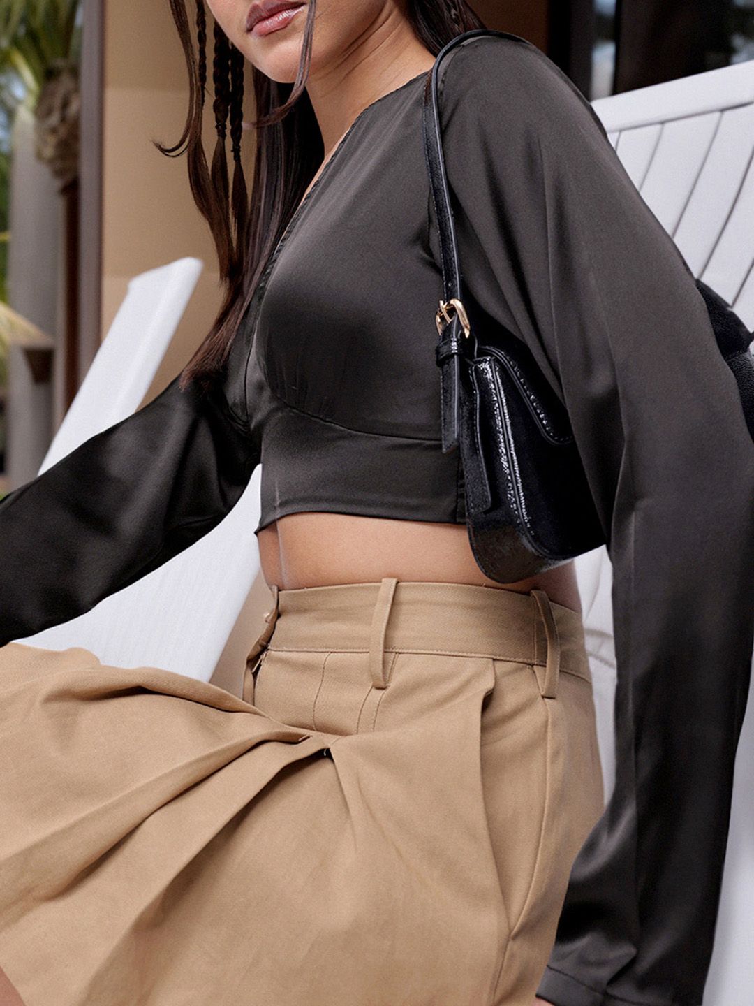 DressBerry Dark Dimness Satin Finish V-Neck Crop Top