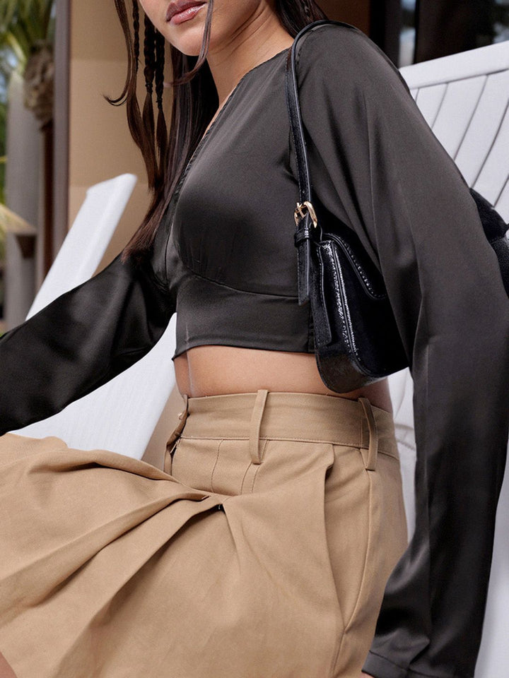 DressBerry Dark Dimness Satin Finish V-Neck Crop Top