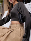 DressBerry Dark Dimness Satin Finish V-Neck Crop Top