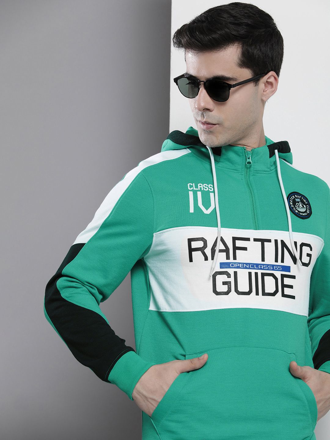 The Indian Garage Co Men Green & White Printed Hooded Sweatshirt