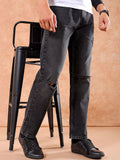 The Indian Garage Co Men Straight Fit Mid Rise Slash Knee Light Fade Pure Cotton Jeans