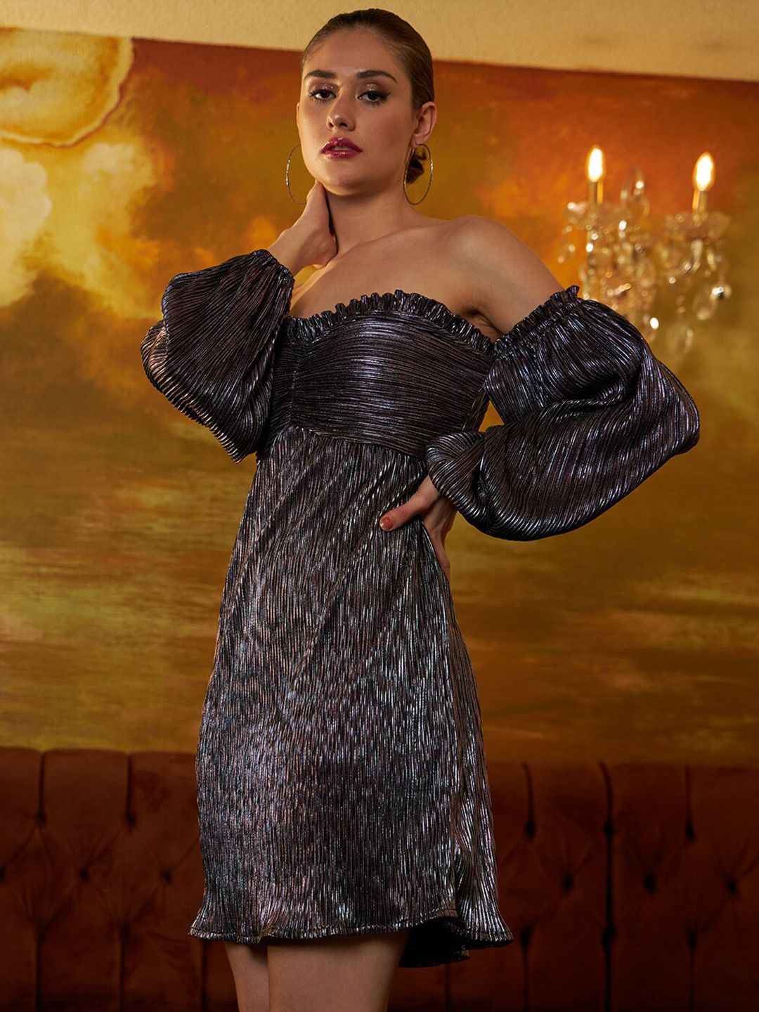 Athena Self Design Off Shoulder Gathered A-Line Dress