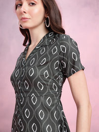 DressBerry Geometric Printed Lapel Collar A-Line Dress