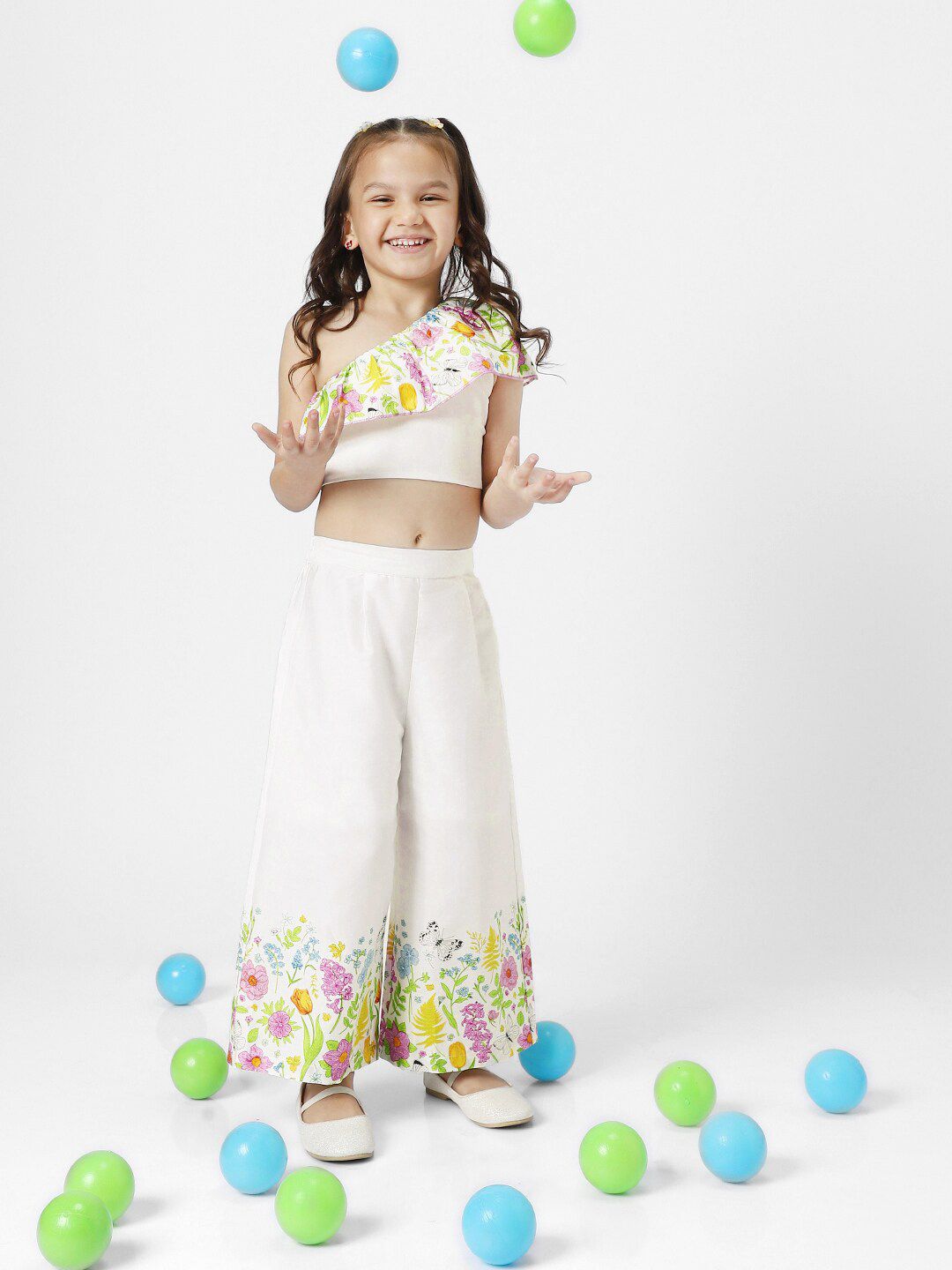 Nauti Nati Girls Printed One Shoulder Ruffles Pure Cotton Top with Trousers