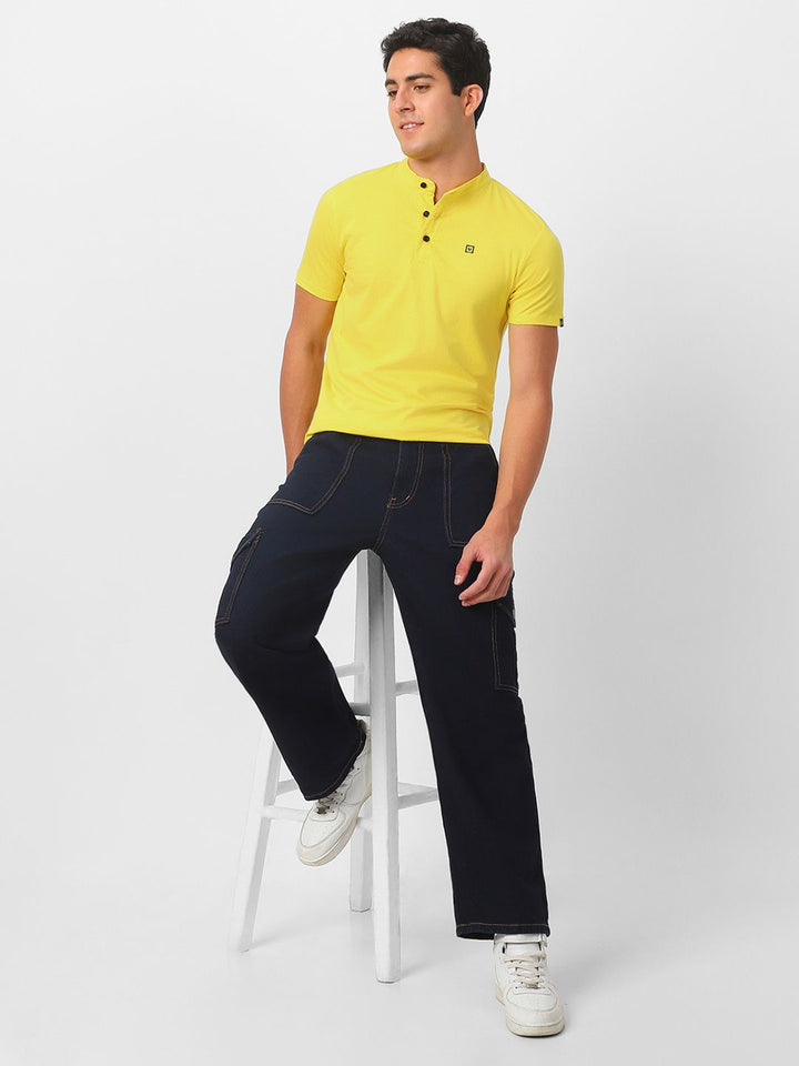 Urbano Fashion Men Yellow Solid Mandarin Collar Pure Cotton T-shirt