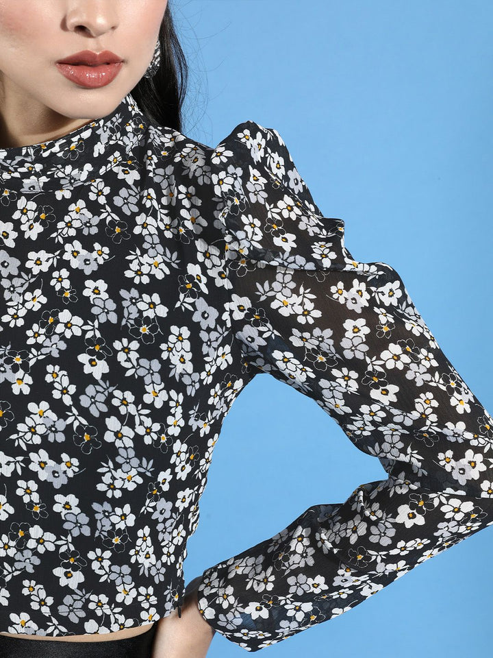 STREET 9 Black Floral Print Chiffon Blouson Top