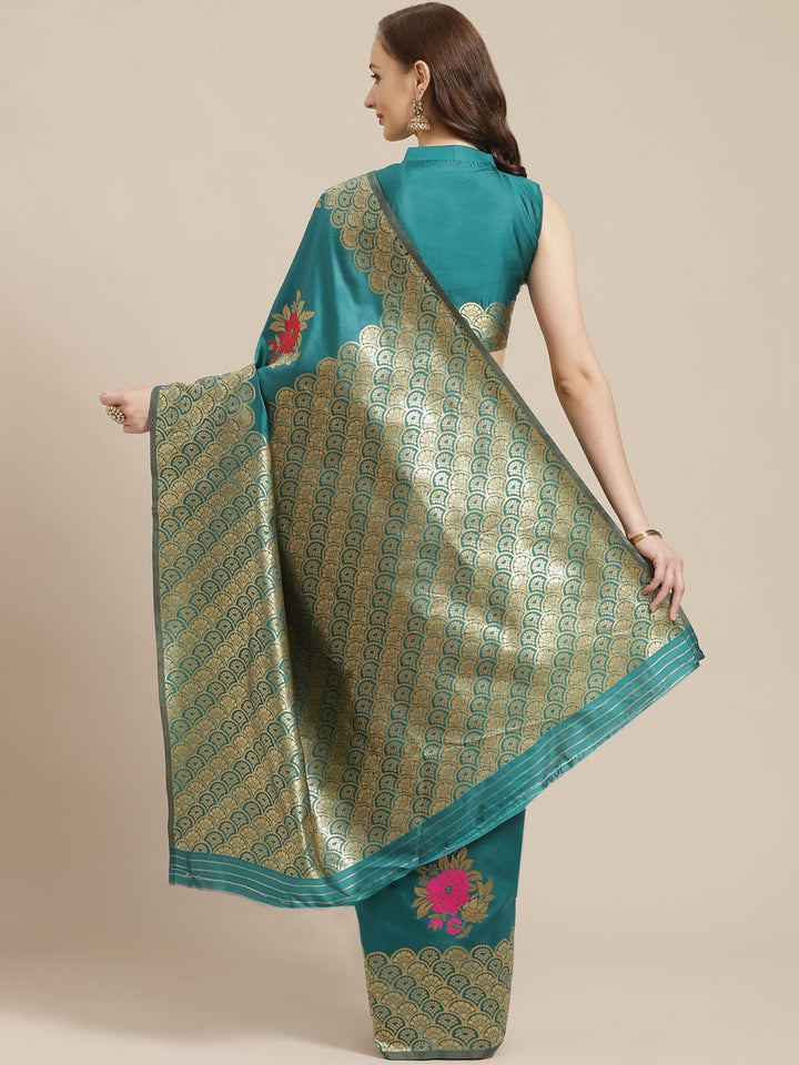 Saree mall Green & Golden Floral Woven Design Banarasi Saree
