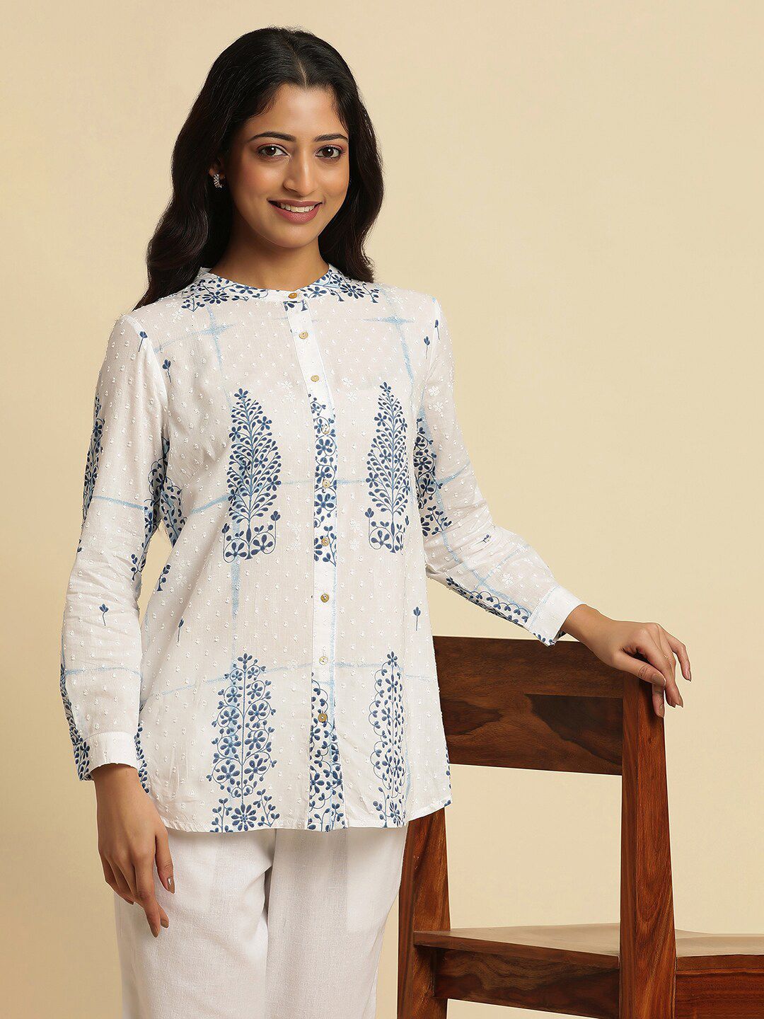 W Ethnic Motifs Printed Pure Cotton Shirt Style Top
