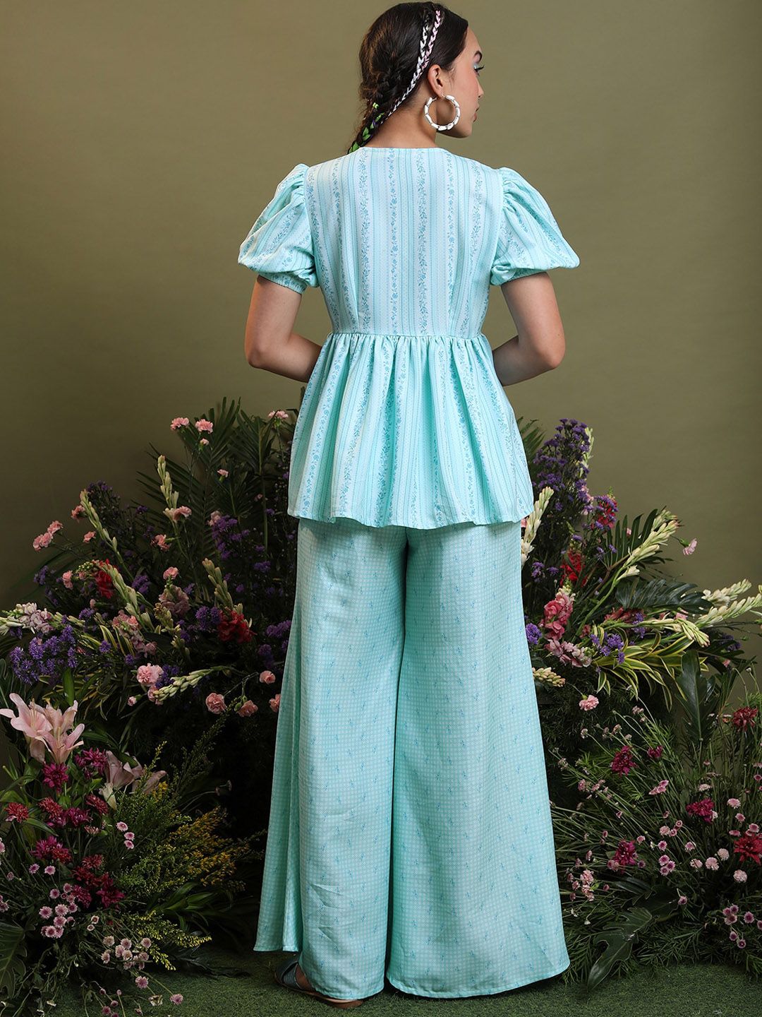 Vishudh Blue Printed A-Line Top & Flared Palazzos