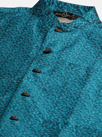SOJANYA Men Maroon & Teal Blue Woven Design Kurta with Churidar & Nehru Jacket