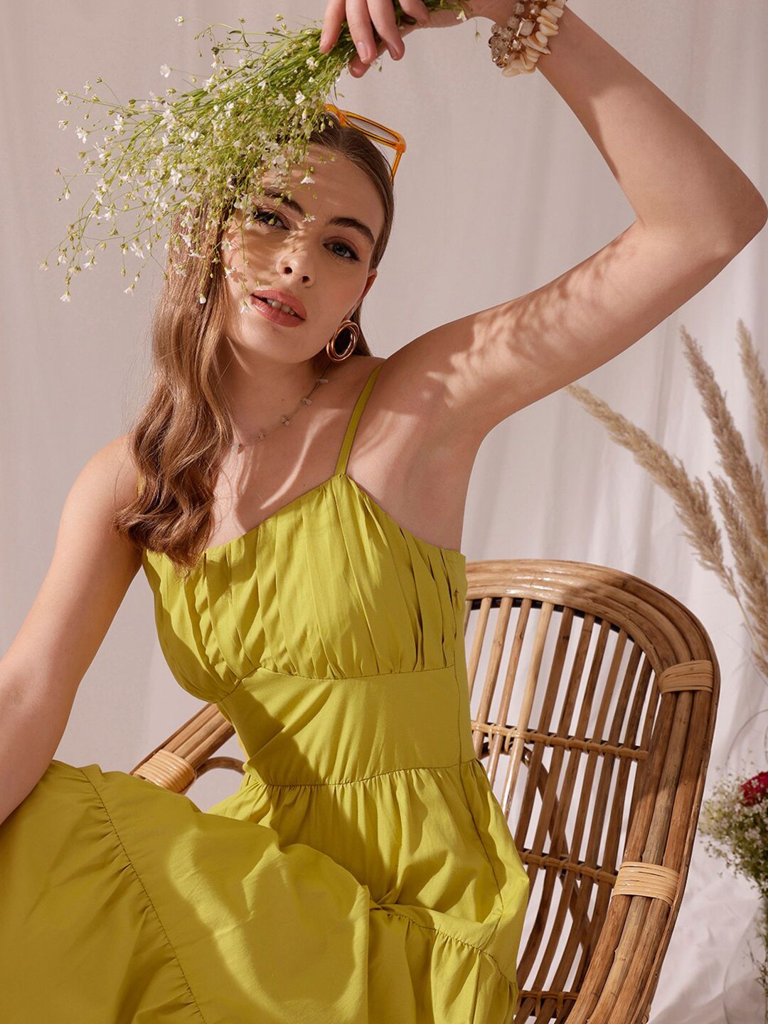 STREET 9 Shoulder Strap Pleated Pure Cotton A-Line Tiered Midi Dress