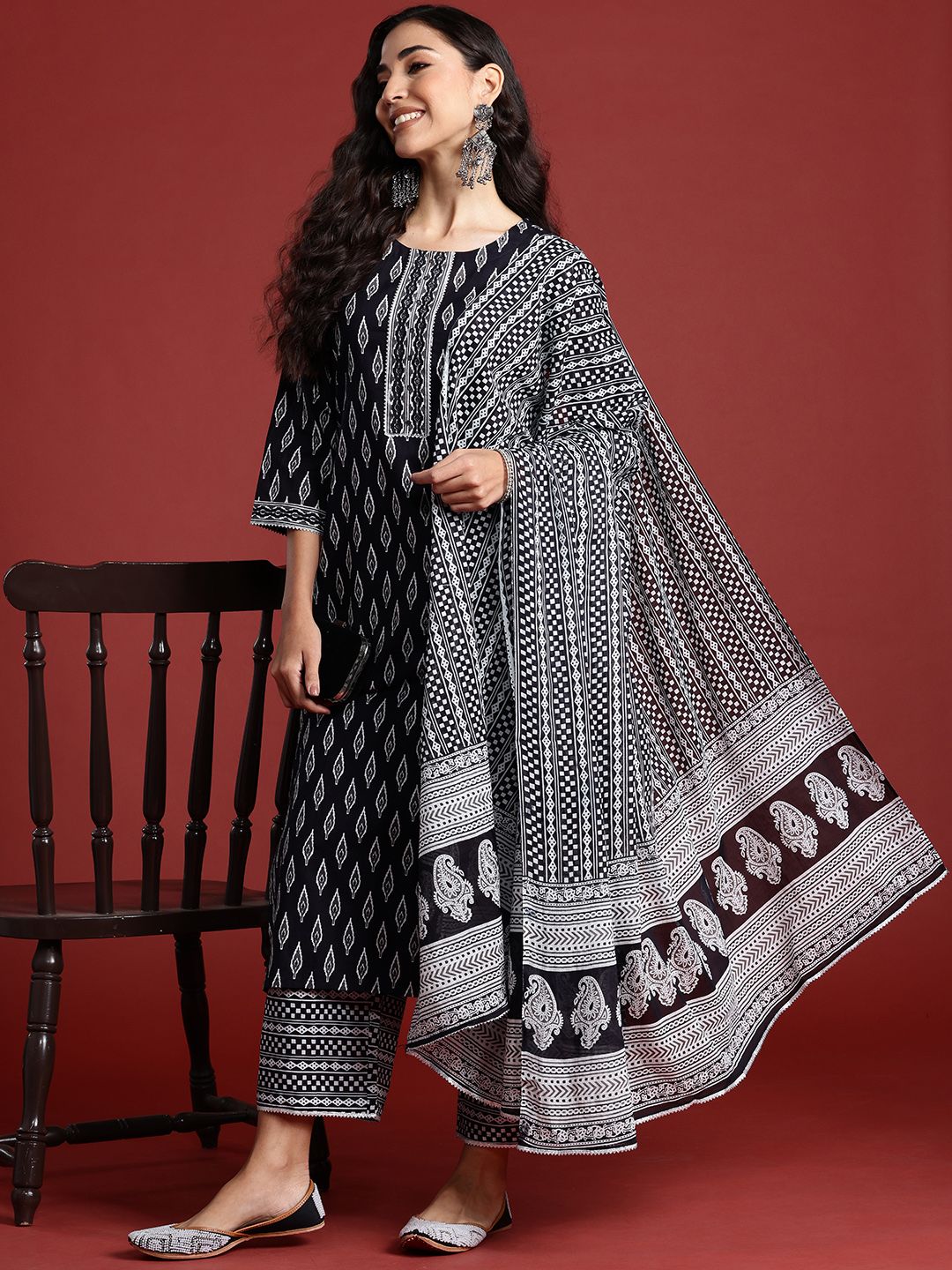 Indo Era Printed Mirror Work Pure Cotton Kurta With Palazzos & Dupatta