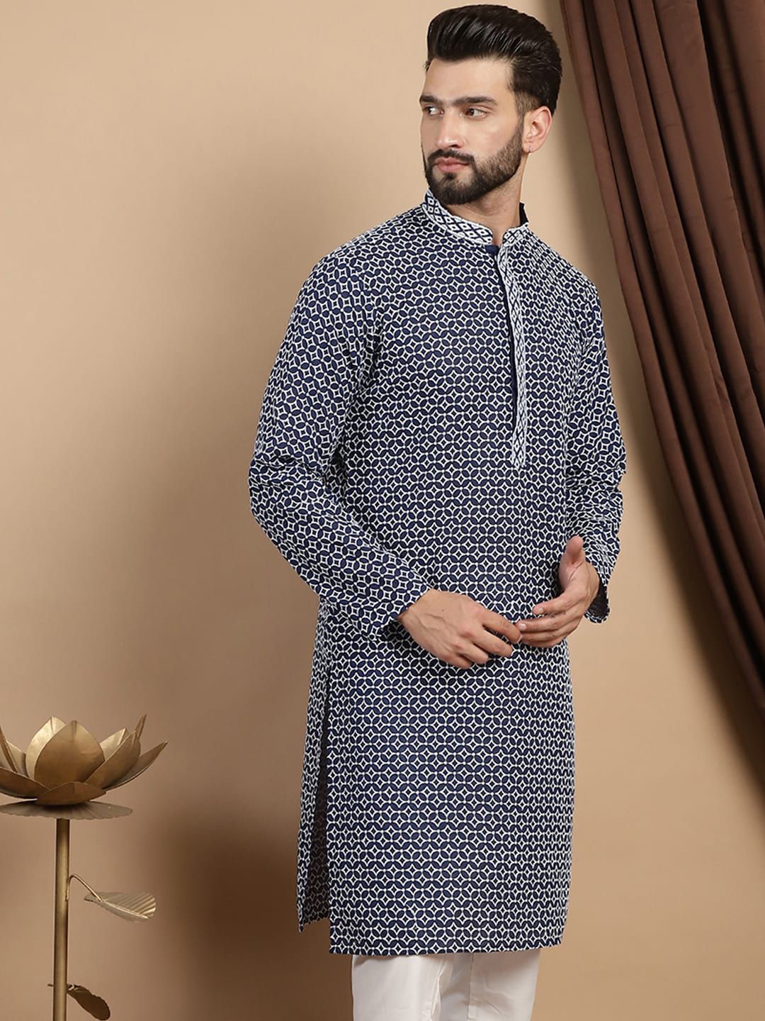 Anouk Printed Embroidered Mandarin Collar Cotton Straight Kurta