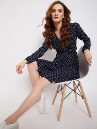 Berrylush Women Navy Blue Polka Dots Printed Crepe Wrap Dress