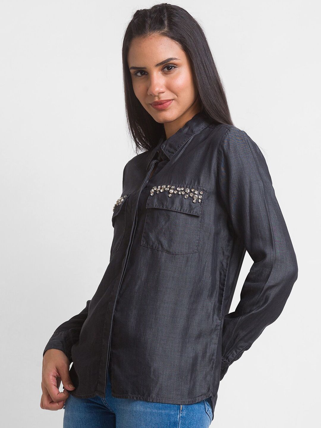 SPYKAR Women Black Satin Casual Shirt
