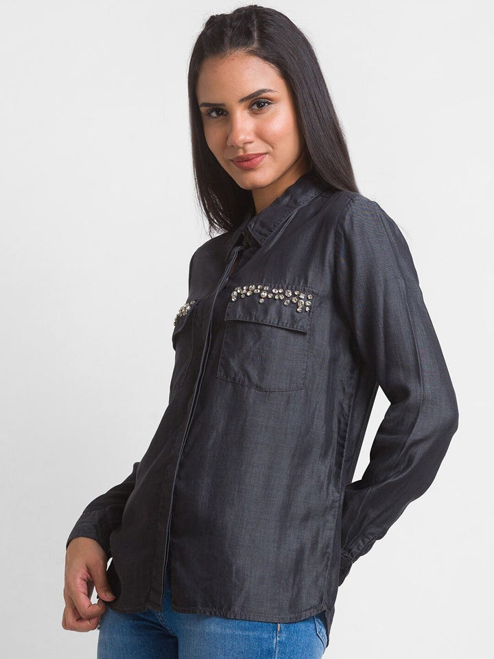 SPYKAR Women Black Satin Casual Shirt