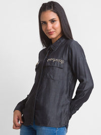 SPYKAR Women Black Satin Casual Shirt