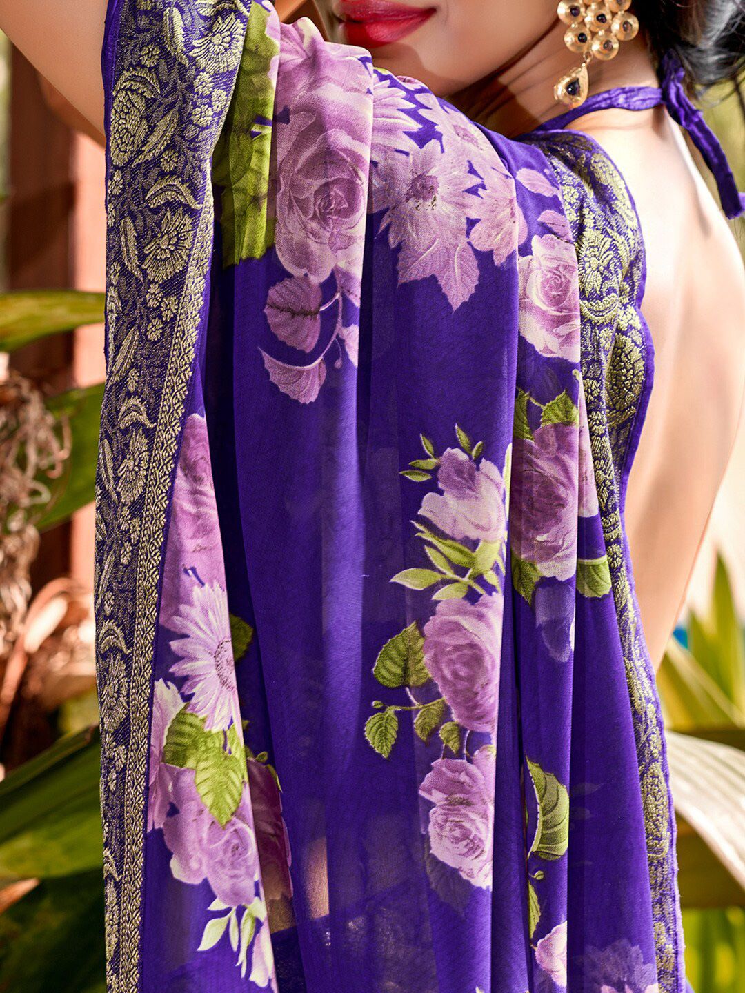 Saree mall Violet Floral Printed Poly Georgette Saree