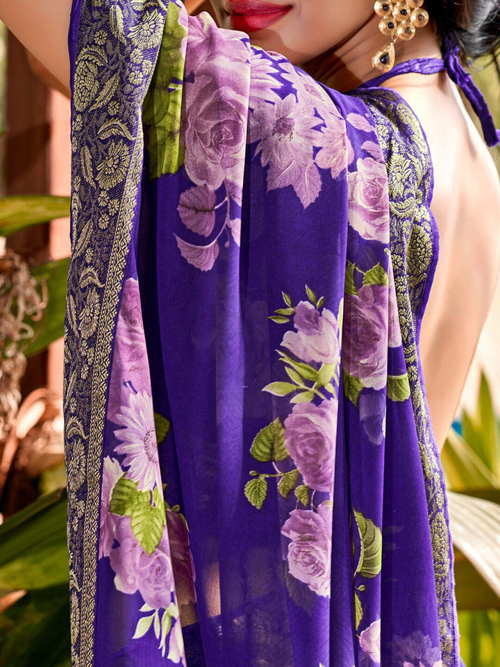 Saree mall Violet Floral Printed Poly Georgette Saree
