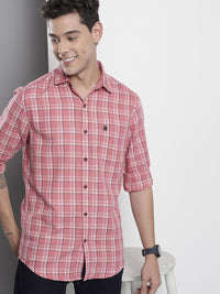 The Indian Garage Co Men Pink & White Checked Cotton Casual Shirt