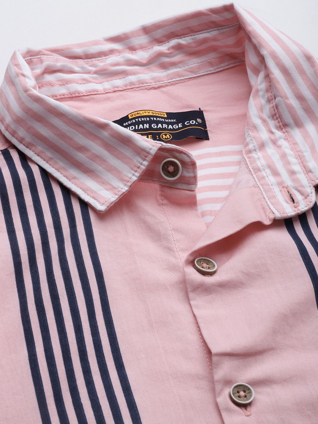 The Indian Garage Co Men Pink & Navy Blue Striped Pure Cotton Casual Shirt