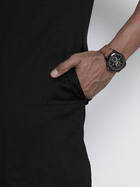 The Indian Garage Co Men Black Cotton Solid Asymmetric Kurta