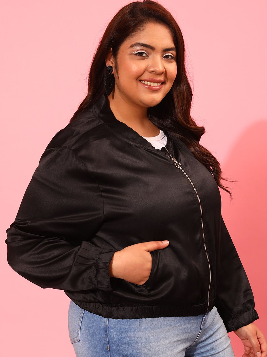 CURVY STREET Women Black Crop Bomber Jacket