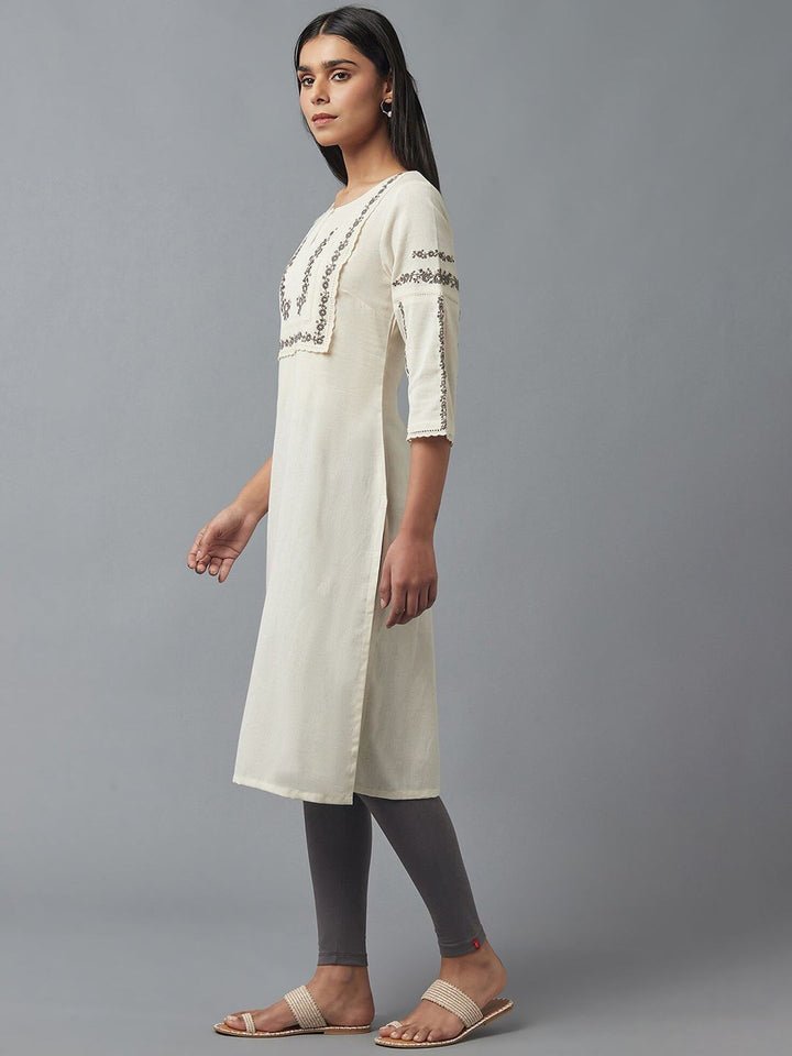 W Women Beige Floral Yoke Design Thread Work Kurta