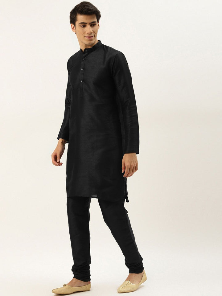 SOJANYA Men Black Kurta with Churidar & Nehru Jacket
