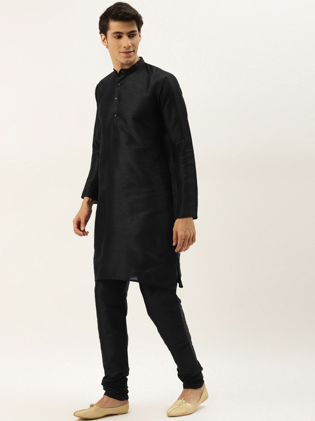 SOJANYA Men Black Kurta with Churidar & Nehru Jacket