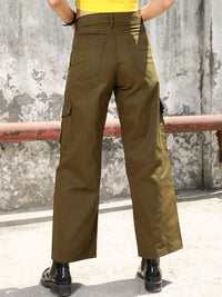 STREET 9 Women Olive Green Relaxed High-Rise Cargo Cotton Trousers
