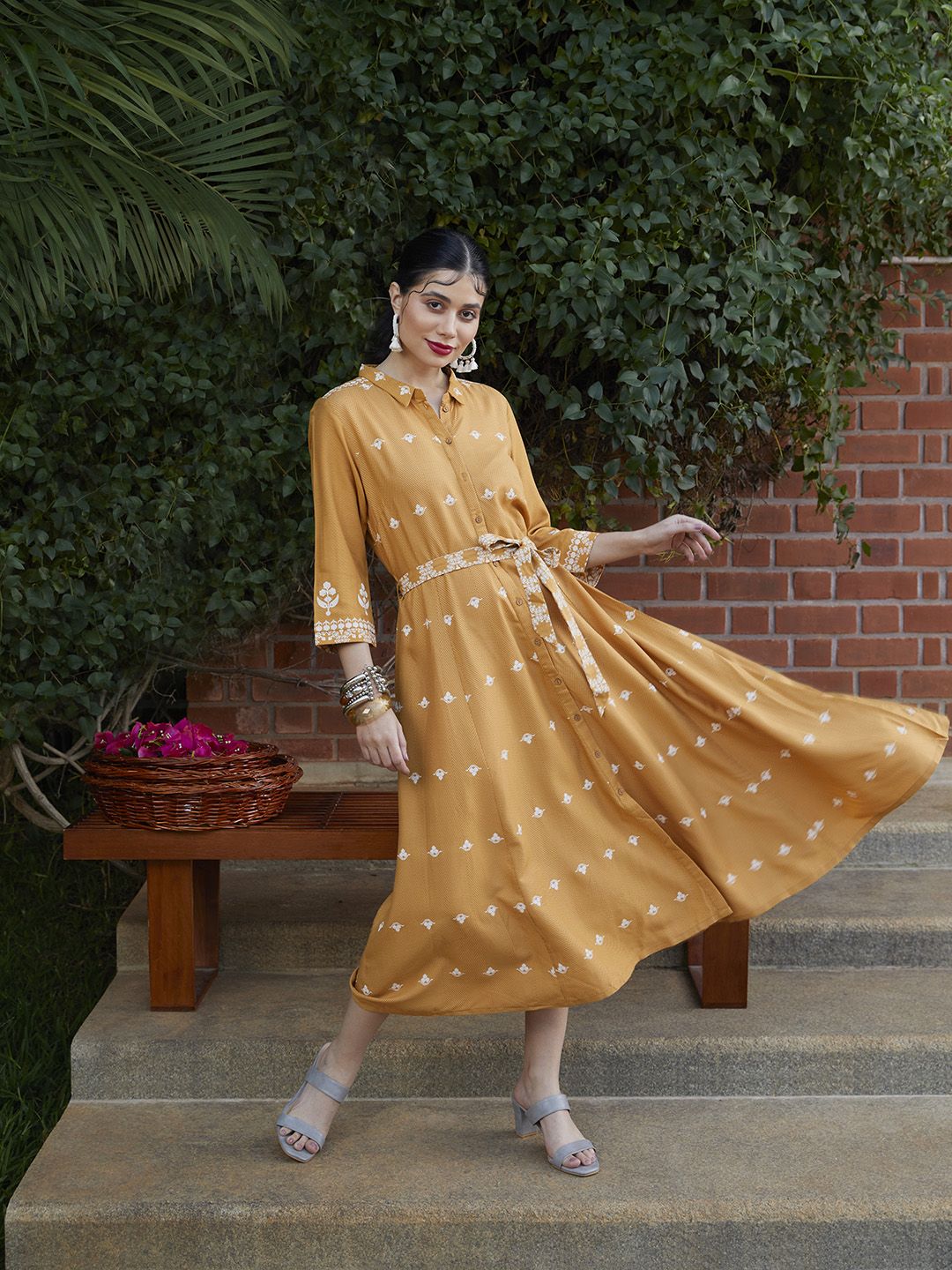 W Yellow Ethnic Motifs A-Line Midi Dress