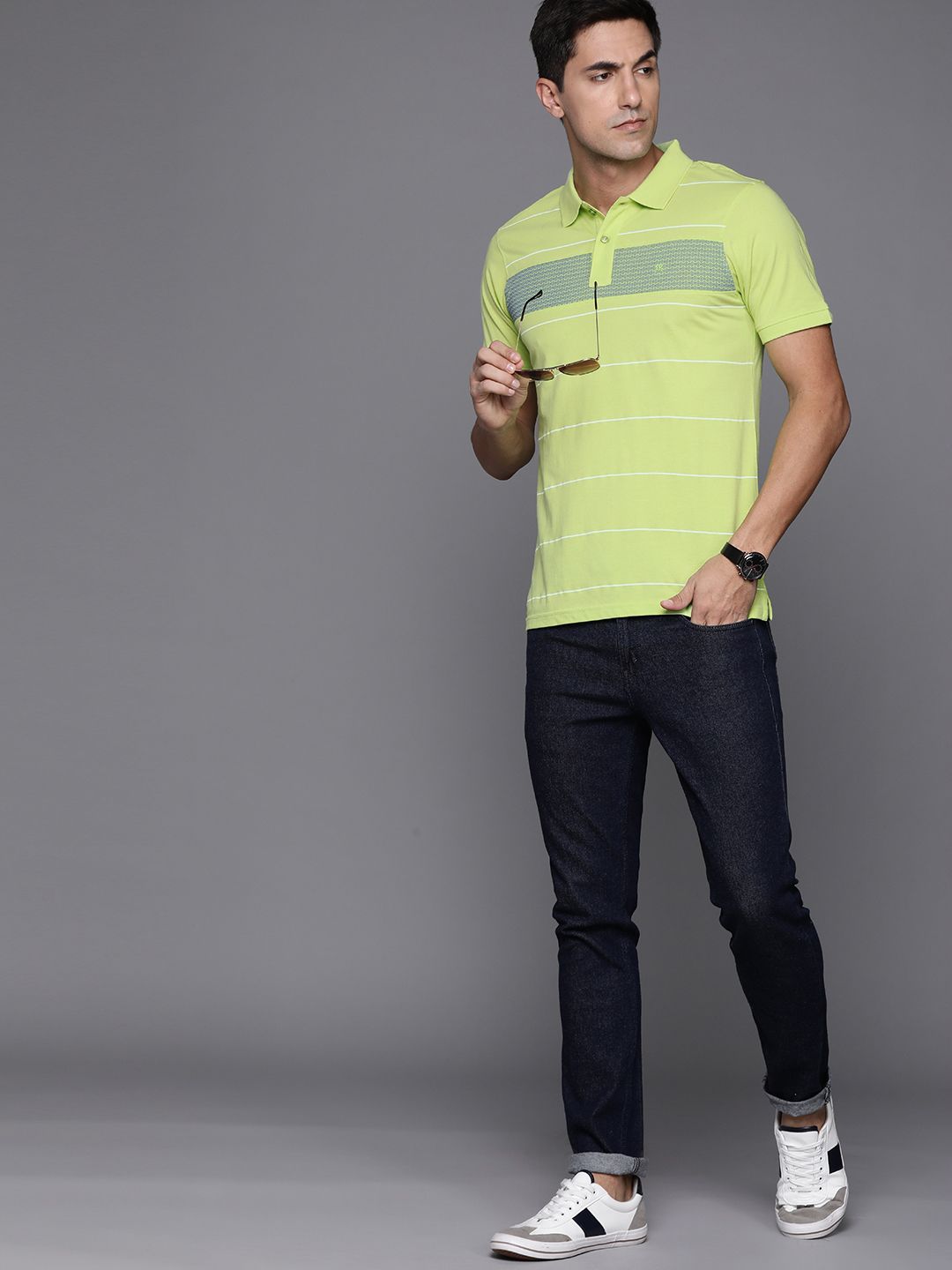 Raymond Men Green & White Pure Cotton Striped Polo Collar T-shirt