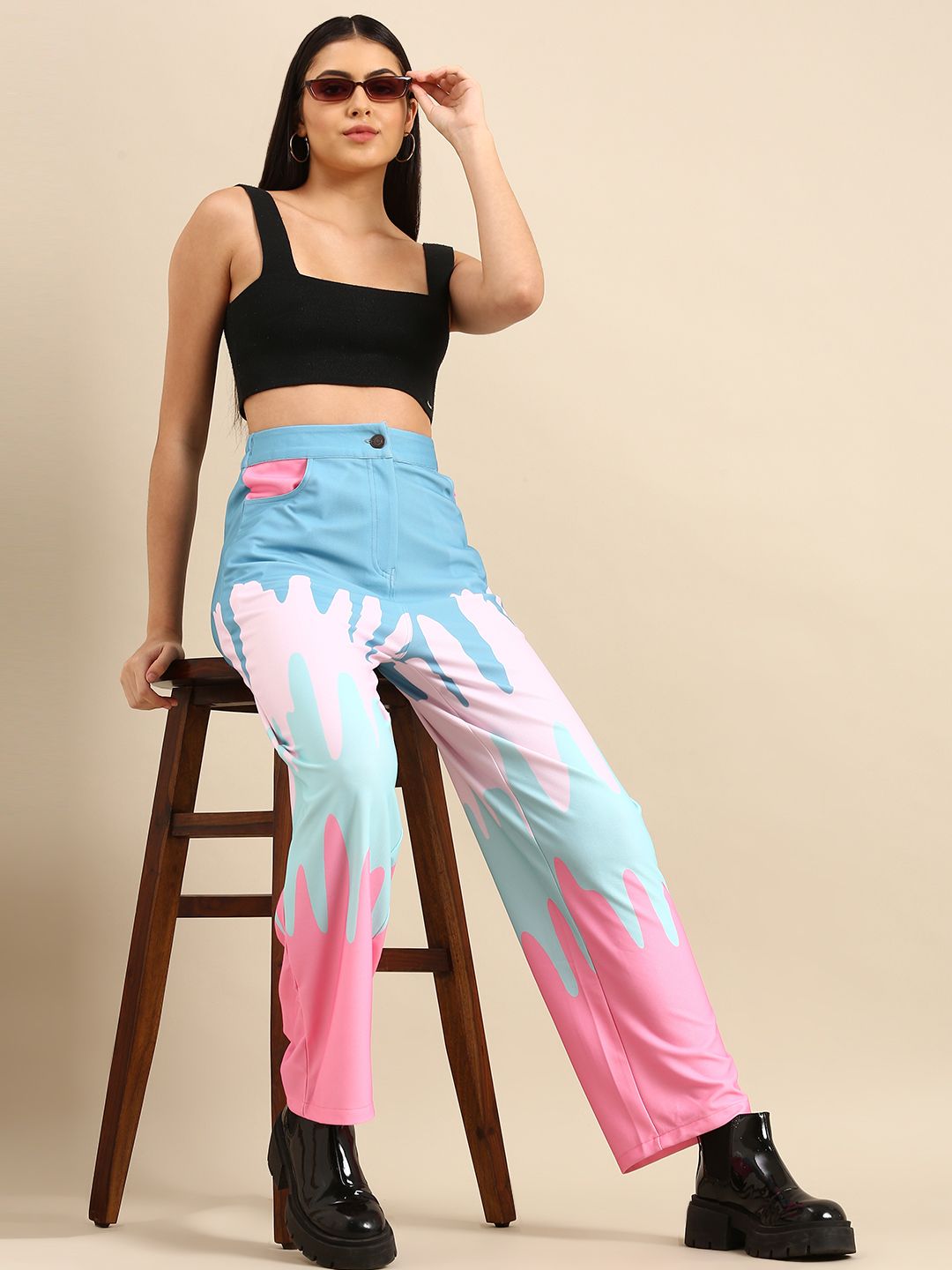 Athena Women Blue Colourblocked Printed Trousers