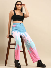 Athena Women Blue Colourblocked Printed Trousers