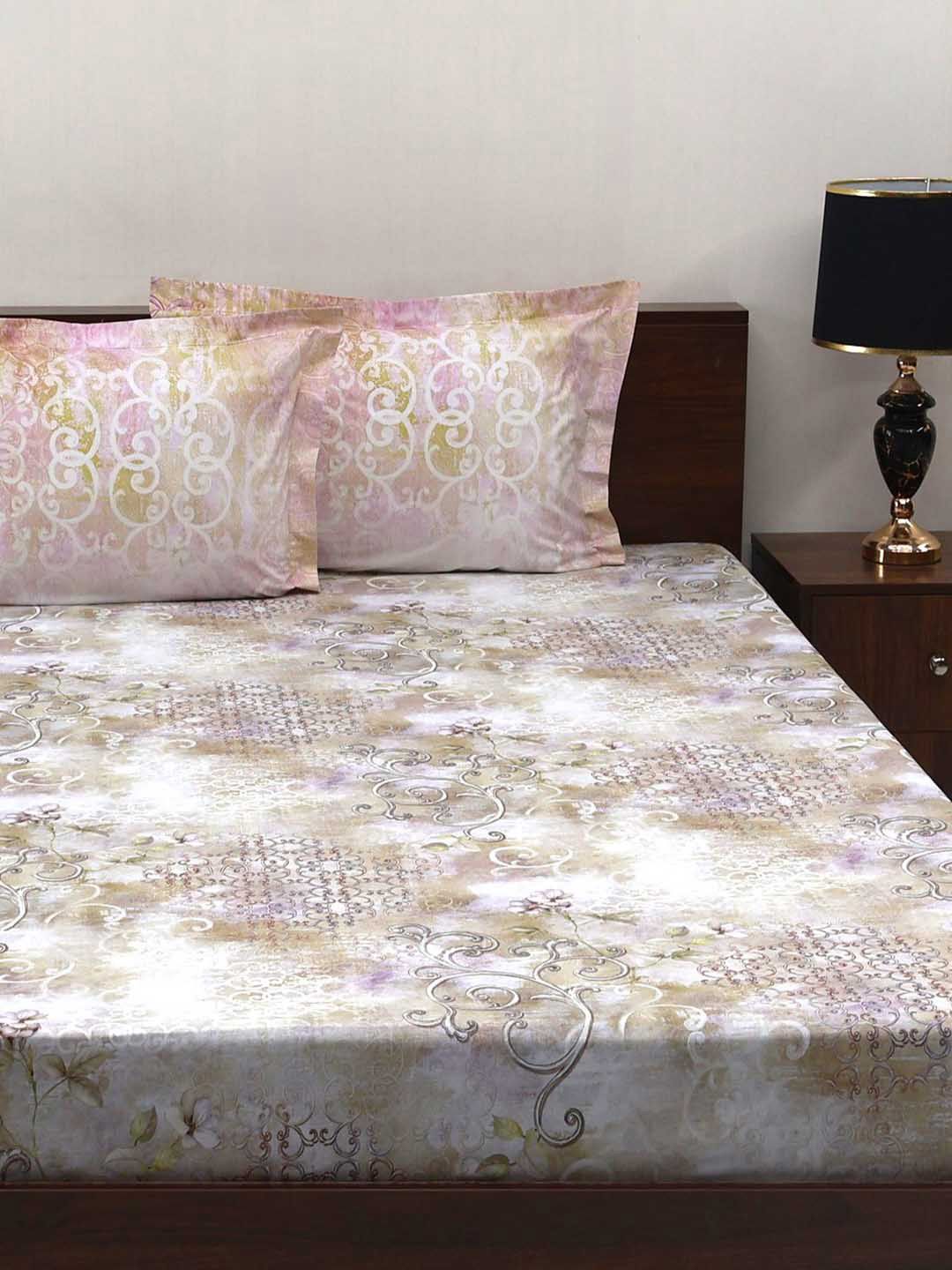 BOMBAY DYEING Fantasque Beige Floral Printed Cotton180 TC King Bedsheet Set 2.74 x 2.74 m