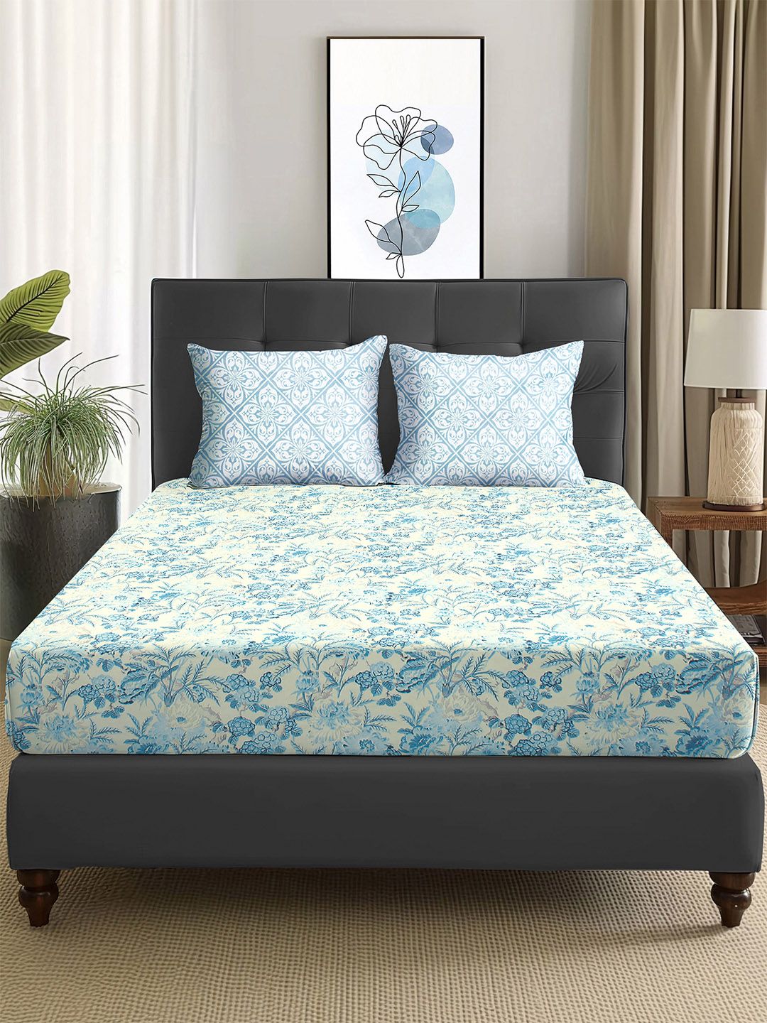 Story@home Turquoise Blue Floral 180 TC Queen Bedsheet With 2 Pillow Covers
