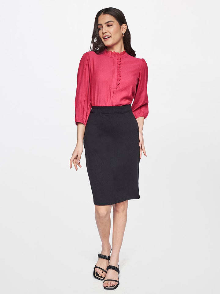 AND Coral Pink Solid High Neck Regular Top