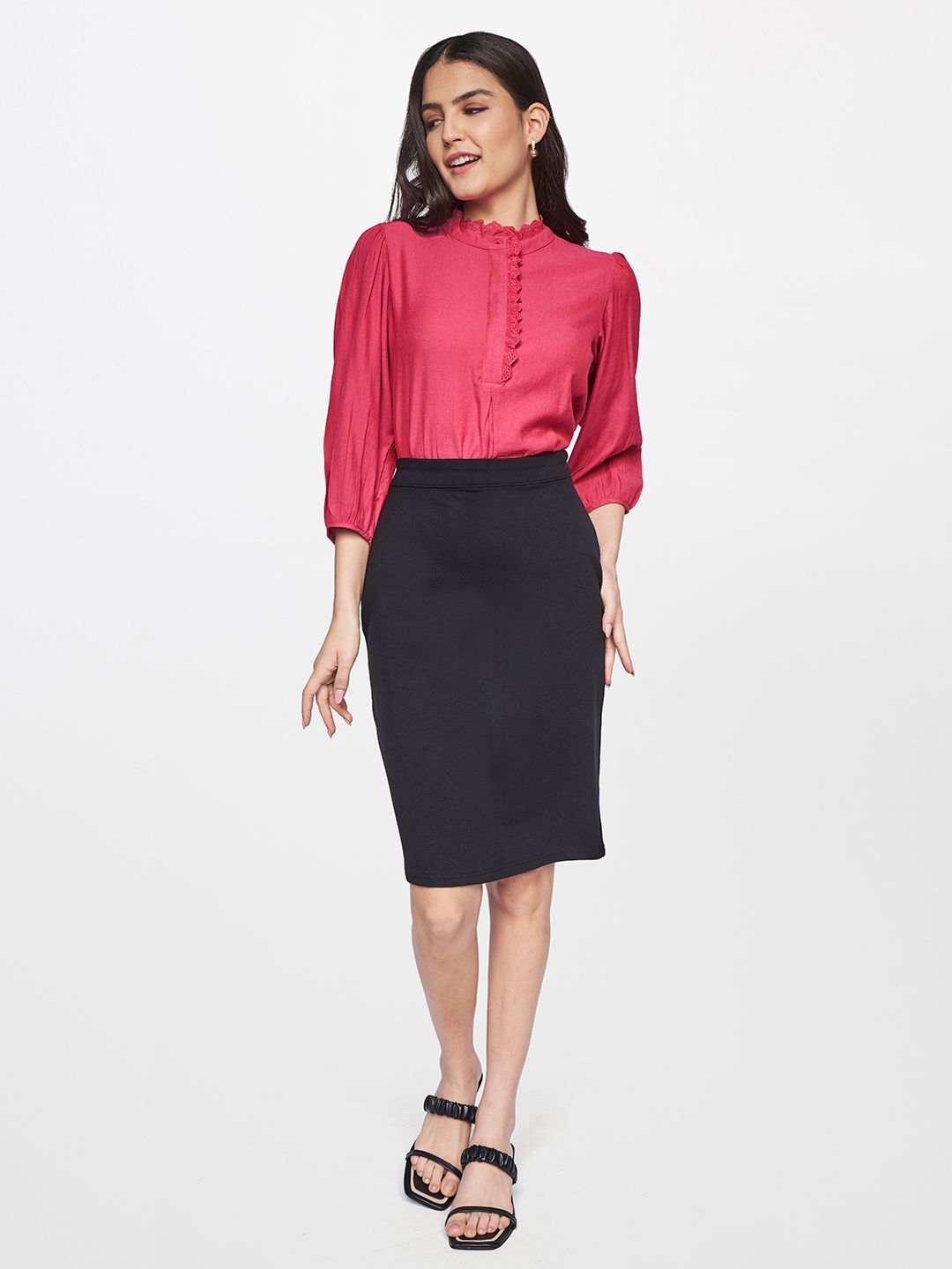 AND Coral Pink Solid High Neck Regular Top