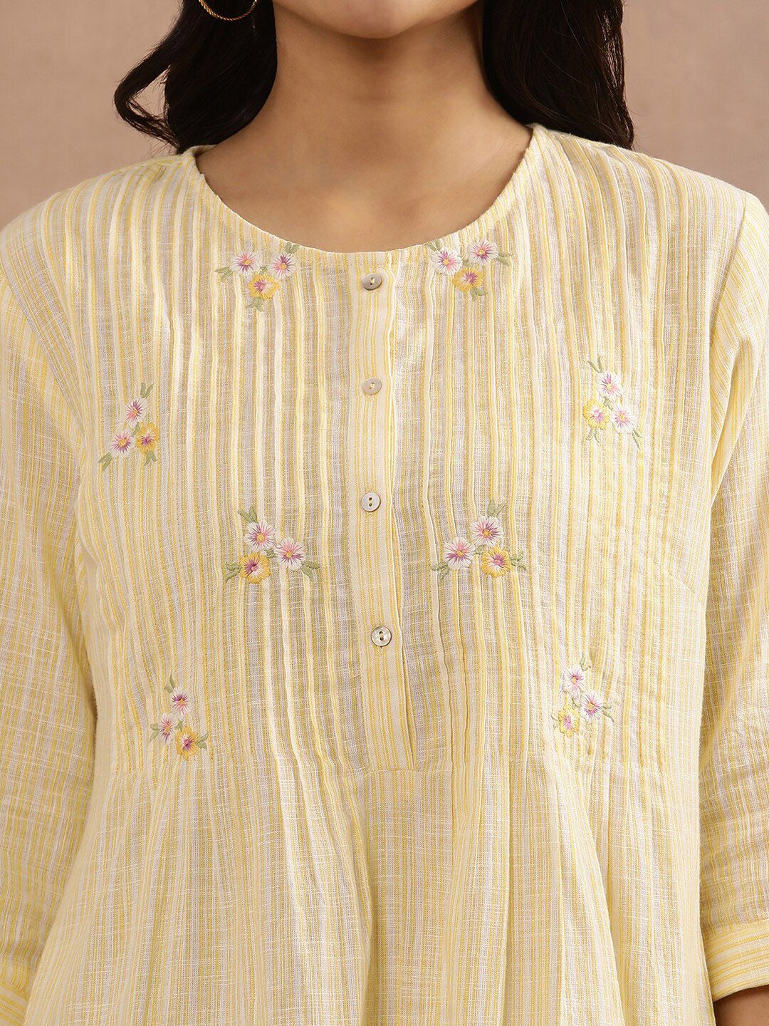 W Floral Embroidered Roll Up Sleeves Pure Cotton Tunic